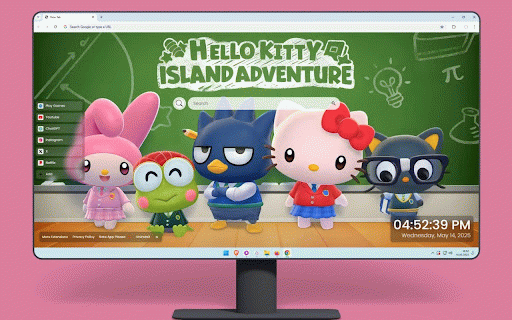 Hello Kitty Island Adventure Live Wallpaper :: Hello Kitty and Sanrio friends in school uniforms against green chalkboard backdrop with educational doodles.