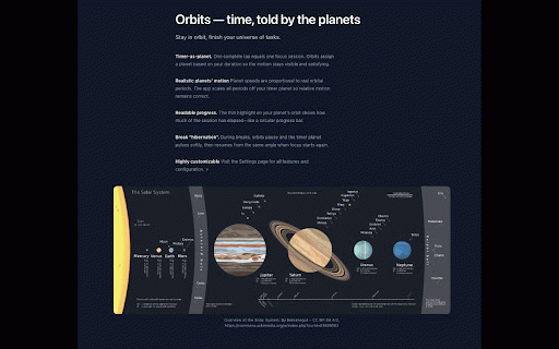 Orbits: Pomodoro assistant with planets :: Focus like a planet in orbit. Orbits is a lightweight Pomodoro timer with the solar system as your clock.