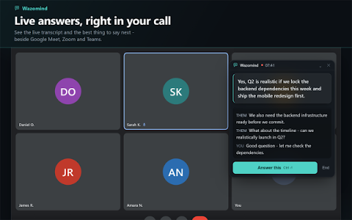 Wazomind: AI Meeting Notes & Live Answers :: Real-time meeting co-pilot: live transcript, answers and a post-call summary for Google Meet, Zoom web and Teams web. No bot joins.