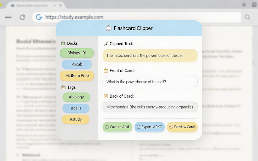 Flashcard Clipper — Free & Simple Anki Card Maker :: Free flashcard maker! Select text, right-click → Create Flashcard. Export .apkg to Anki, manage decks & tags. Simple & fast.
