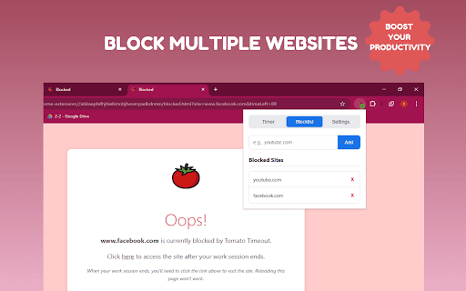Tomato Timeout: PomoFocus™ :: Boost focus with pomodoro method timer & block distracting sites during work. Unblock during breaks. Customizable