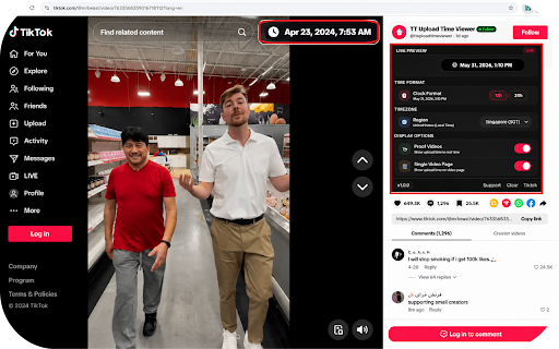 TikTok Upload Time Viewer :: See the exact upload date & time of any TikTok video. Works on feed & video pages. Supports 12/24h format. Free & private.