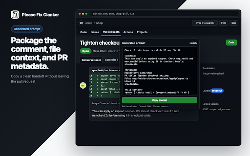 Please Fix Clanker :: Copy GitHub PR comments as clean AI worker prompts.
