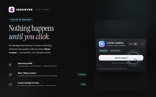 IGHunter: Free Instagram Email Finder & Contact Info :: Find any Instagram profile's public email & phone in one click. 20 free contacts a month when you sign in. Export to Excel or CSV.