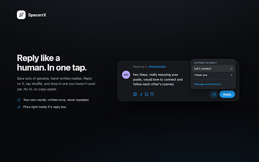 SpacerrX: X & Twitter Unfollowers, AI Replies, Post Scheduler, Trends :: See who doesn't follow you back on X (Twitter). Free. AI replies in your voice, trends, creator analysis, scheduler, autopilot.
