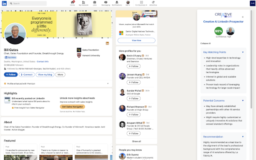 Creative AI LinkedIn Prospector :: Creative AI LinkedIn Prospector est une extension innovante qui utilise l'IA pour analyser les profils LinkedIn de vos prospects.
