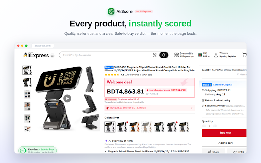 AliScore: Online Shopping Assistant for AliExpress :: Smart AliExpress shopping assistant to check seller trust, analyze reviews, and track product ratings in 1-click.