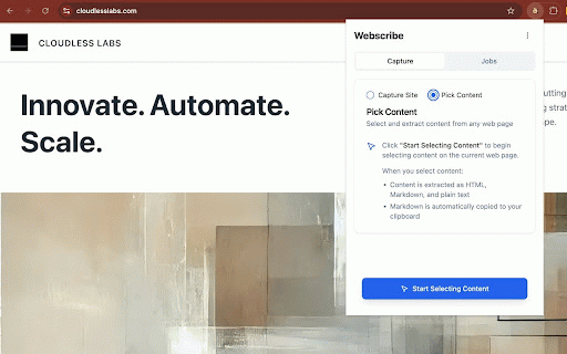 Webscribe by BobNinja :: Save web pages as clean markdown or text. Perfect for offline reading, AI assistants, and documentation research.