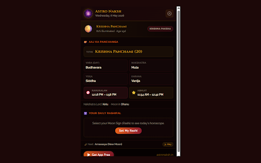 Astro Naksh – Daily Vedic Panchanga :: Daily Vedic Panchanga, moon phase & Rashifal at a glance. Tithi, Nakshatra, Rahukalam & more — authentic Jyotish in your browser.