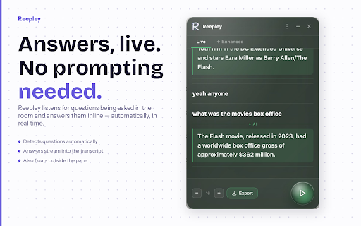 Reepley: AI note taker for Google Meet, Zoom and MS Teams :: The AI that sits in the room with you; live transcription, real-time AI answers, structured notes, and memory across sessions.
