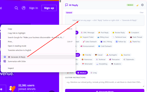 AI Reply Assistant :: AI reply generator for social media posts, DMs, comments, reviews & support. OpenAI, NVIDIA NIM Free, OpenRouter Free.