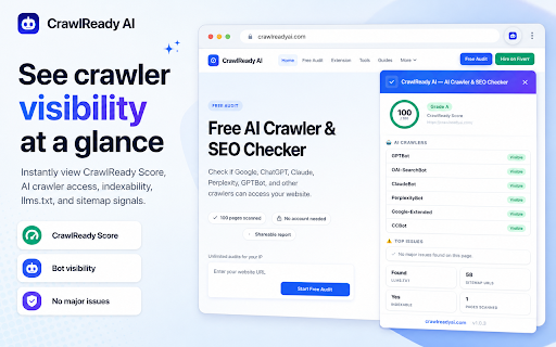 CrawlReady AI — AI Crawler & SEO Checker :: Scan any page for AI crawler access, CrawlReady Score, and SEO issues. Free quick audit — full report on crawlreadyai.com.