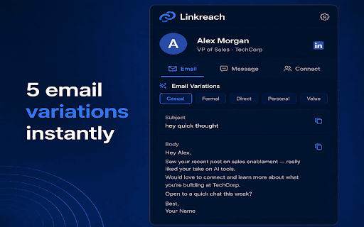 Linkreach :: Generate personalized cold emails, LinkedIn messages and connection notes from any LinkedIn profile in seconds using AI.