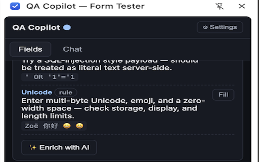 AI assisted Form Tester - QA Copilot :: QA copilot for manual testing. Scan forms, get test-case suggestions, one-click fill, and AI chat — using your own API key.
