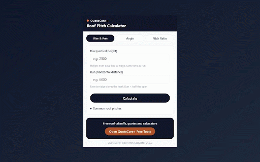 QuoteCore+ Roof Pitch Calculator :: Instant roof pitch, angle, slope and rafter calculations for roofers. Converts rise/run, degrees and pitch ratios. By QuoteCore+.
