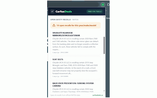Free VIN Decoder & Recall Checker — CarfaxDeals :: Decode any VIN and check open safety recalls free, right in your browser. Detects VINs on car listings automatically.