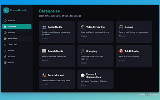 FocusGuard - Site Blocker :: Block distracting websites, boost productivity with schedules, focus mode, usage limits, and insights.