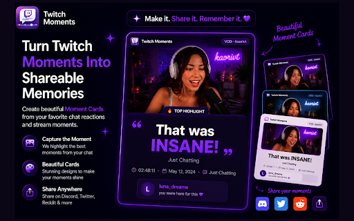 Twitch Moments: Save Twitch Chat History, VOD Sync & Shareable Stream Cards :: Save Twitch chat history forever. Sync live messages to VODs, create shareable moment cards, and relive your favorite streams.