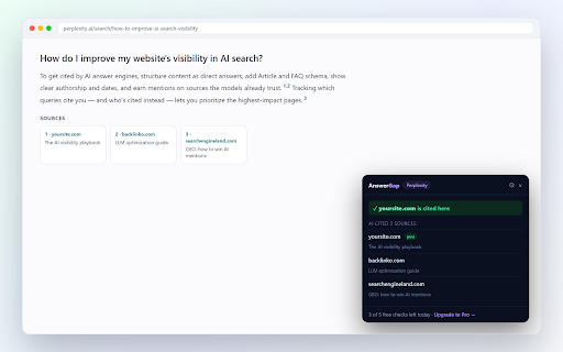 AnswerGap — AI search visibility :: See if AI search (ChatGPT, Perplexity, Gemini, AI Overviews) cites you — and who it cites instead. Plus an AI-readiness audit.