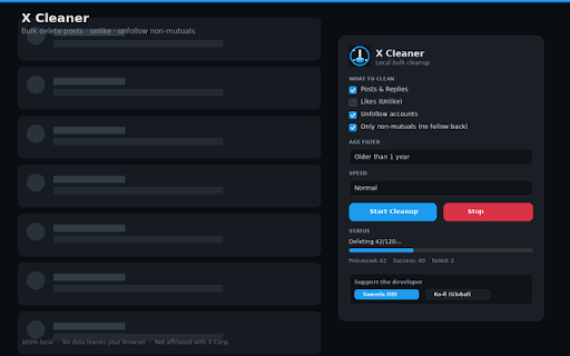X Cleaner — Bulk Delete & Unfollow :: Bulk delete your posts, replies, likes and unfollow accounts on X. 100% local, nothing leaves your browser.
