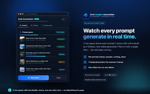 Batch Prompts & Auto Downloader for Grok Imagine — Grok Automation Tool :: Grok automation for Grok Imagine — batch prompts, bulk auto-download AI images & videos. Queue, auto retry, folders. Unofficial.