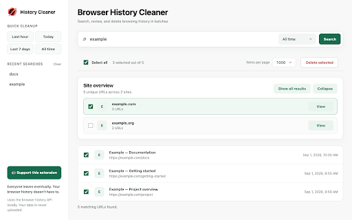 Browser History Cleaner :: Search history by keyword, group results by site, and bulk-delete selected URLs. Local processing; no history uploads.