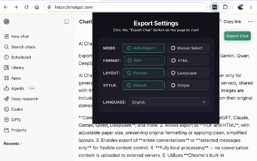 AI Chat Export - Local PDF/HTML :: Export AI chats from ChatGPT, Claude, Gemini, Qwen & DeepSeek to PDF/HTML locally. Full or selected messages. No cloud upload.