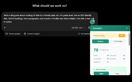 PromptFix: Prompt Score & Enhancer for ChatGPT, Claude, Gemini, Perplexity :: Score any prompt 0-100 before you send it, see what's weak, and fix it in one click. In ChatGPT, Claude, Gemini and Perplexity.