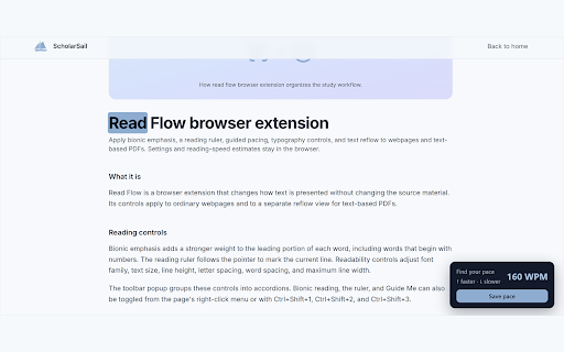 Read Flow :: Reading assistant with bionic text, readability controls, a focus ruler, guided pacing, speed estimates, and a PDF reader.