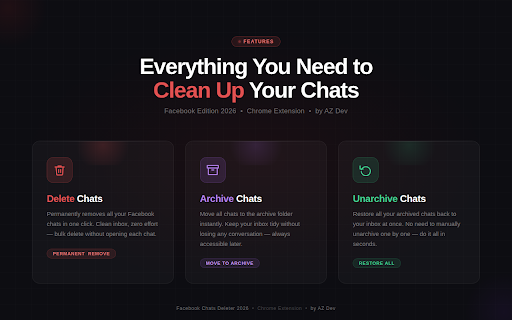 Facebook Messages Deleter :: Bulk delete, archive, and unarchive all your Facebook chats automatically. Save hours of manual clicking.