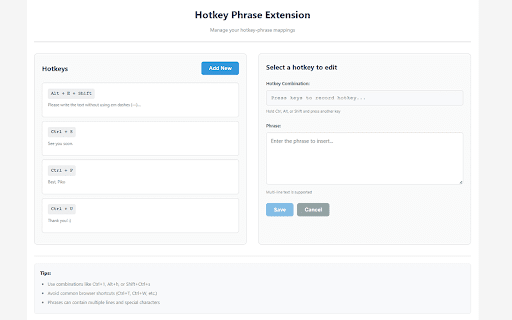 Hotkey Phrases :: Assign hotkeys to user-defined phrases for quick insertion.