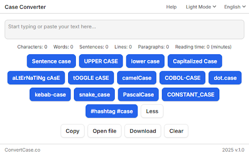 Case Converter :: Easily switch your text between formats like UPPERCASE, lowercase, Capitalized Case, camelCase, and more — all in one click.