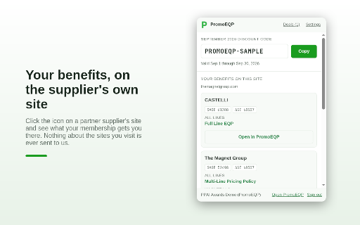 PromoEQP Companion :: This month's EQP discount code, one click to copy, and your PromoEQP benefits for the supplier site you're on.