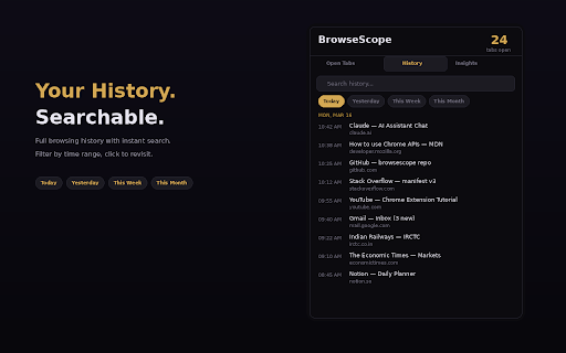 BrowseScope — Tab & History Insights :: View all open tabs, browse history, and get AI-powered insights on your browsing patterns.