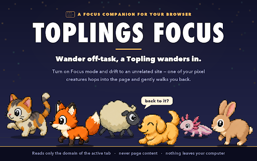 Toplings Focus :: Lets your Toplings creatures see which site you're on — and sends them into the page to nag you.