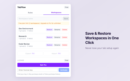 TabFlow - Tab Group Workspace Manager :: Auto-group tabs by domain rules and save/restore workspaces in one click. Native Tab Groups, zero learning curve.