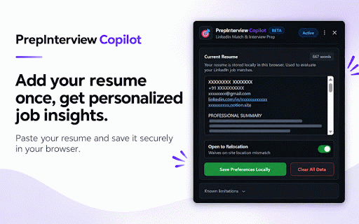 PrepInterview Copilot - Job Match & Interview Prep (Beta) :: See resume skill match, experience, and requirement fit on LinkedIn jobs, and practice tailored interview questions in one click.