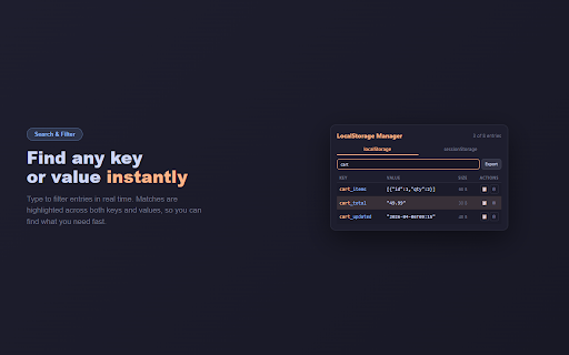 LocalStorage Manager :: View, edit, search, and export localStorage and sessionStorage entries for any page.