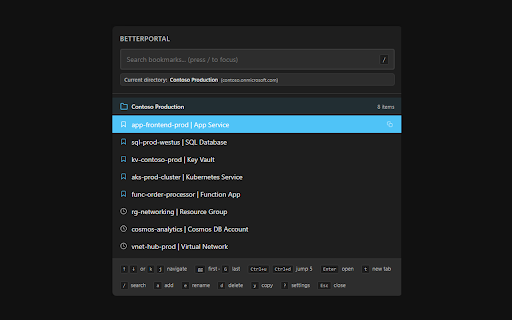 BetterPortal :: Bookmark Azure Portal resources for instant revisits. Keyboard-driven overlay with history, cross-tenant navigation, and search.