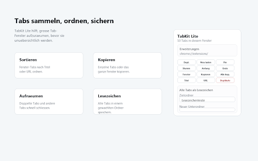 TabKit Lite :: Starke Tab-Aktionen fuer Chrome: organisieren, kopieren, neu laden, verschieben, stummschalten, anheften und schliessen.