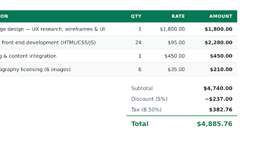 Invoice Generator - PDF Invoice Maker for Freelancers :: Create and download PDF invoices in seconds. Offline invoice generator with live preview, taxes, discounts and 12 currencies.