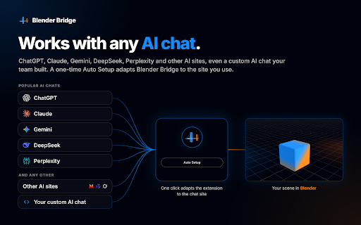 Blender Bridge :: Describe a scene in any AI chat and watch it appear in Blender. Works with the Blender Bridge Desktop app.