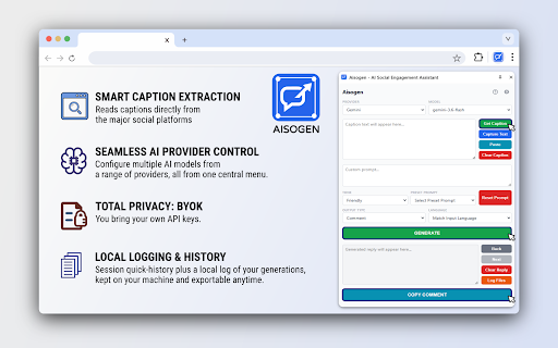 Aisogen - AI Social Engagement Assistant :: Generate AI-powered comments and replies for social media captions
