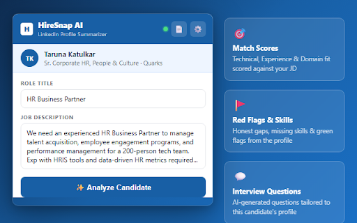 HireSnap AI :: AI-powered LinkedIn candidate analyzer for recruiters. Get match scores, red flags, and interview questions in seconds.