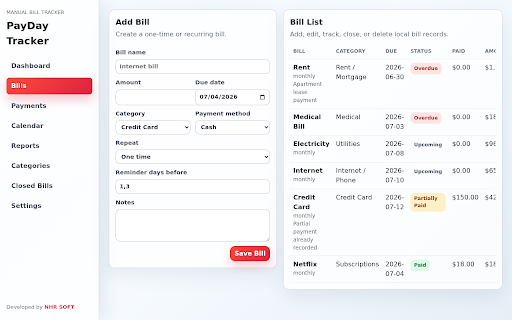 PayDay Tracker :: Track bills, payments, paid totals, overdue bills, and closed paid bills.