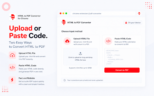 HTML to PDF Converter: Upload & Paste Code :: Upload HTML or paste code to PDF. Convert webpages in Full or Clean mode - local, no watermark. Flip HTML to PDF & webpage saver.