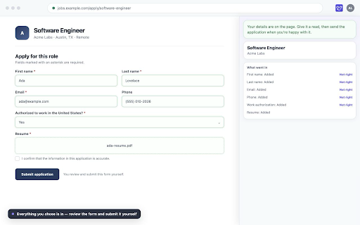OfferGenie Copilot :: Review and add your saved OfferGenie details to supported job forms, then submit each application yourself.