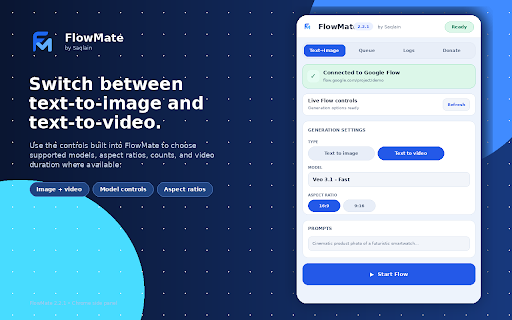 Flow Mate By Saqlain :: Batch-automate image and video prompts in Google Flow and download results.
