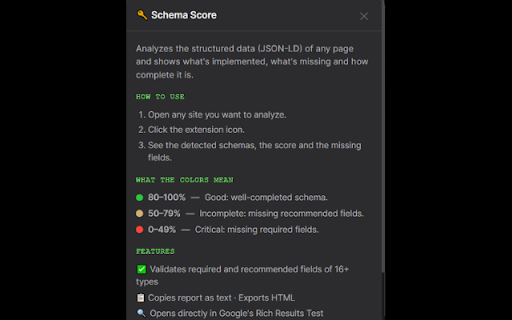 Schema Score — JSON-LD SEO Analyzer :: Analyzes the JSON-LD of any page and scores its completeness. Validates fields, detects errors and shows SEO gaps.