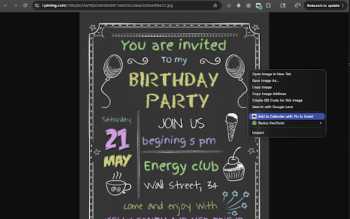 Pic to Event - Image to Calendar Converter :: Convert event images to Google Calendar events with one click. Works on Instagram, Facebook, email, and any website.